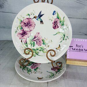 Totally Today Hummingbirds Pink Morning Glory Flower Ceramic Dinner Plate Set 2